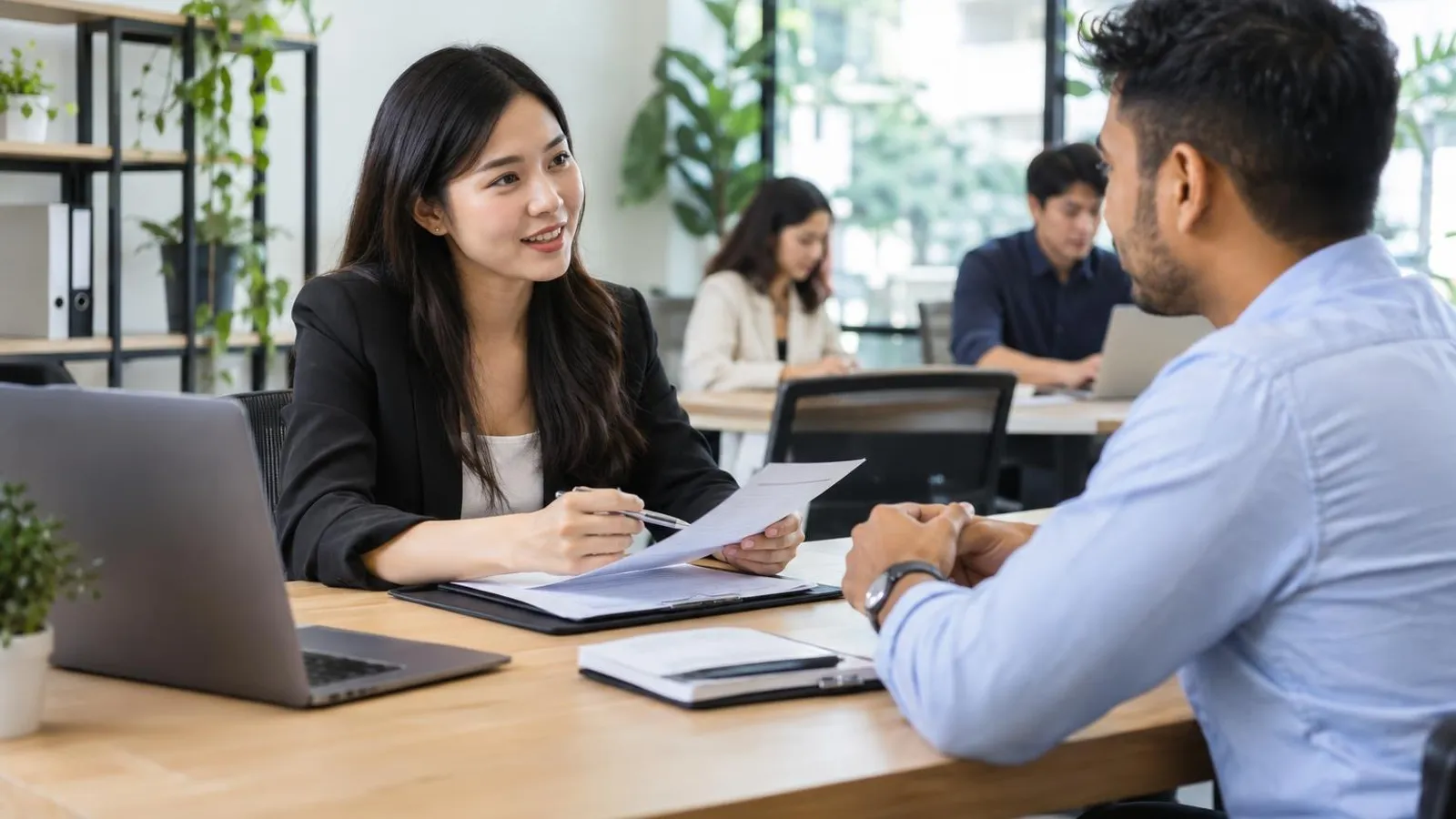 Temp Staffing Agencies: a customer and a provider in a bright, modern setting