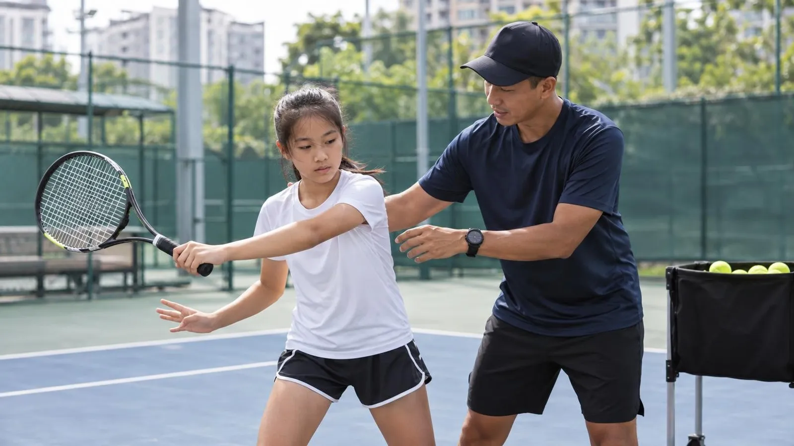 A tennis coach teaching a junior player forehand technique on an outdoor Singapore court