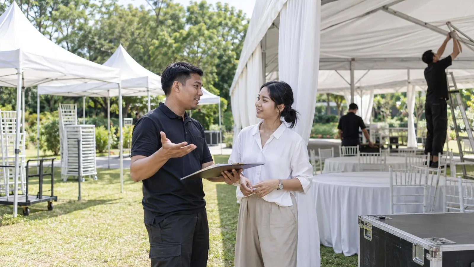 Tent and Canopy Rental Services: a customer and a provider in a bright, modern setting