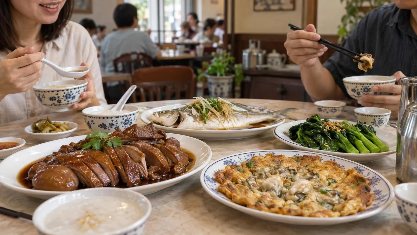 A traditional Teochew spread in Singapore with braised duck, steamed pomfret and Teochew porridge