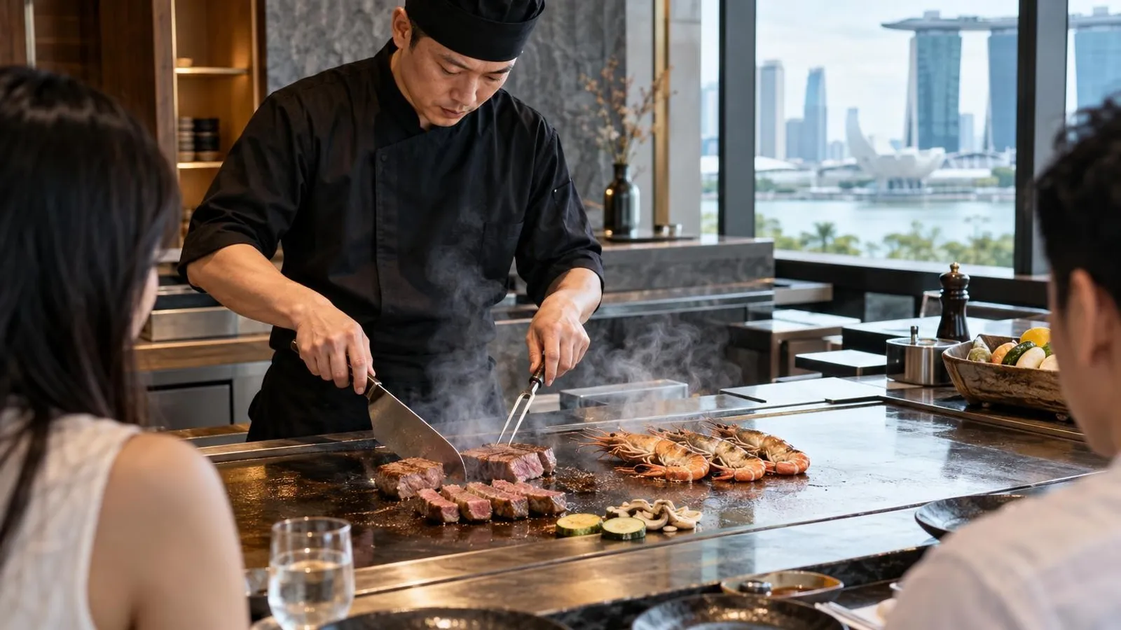 A teppanyaki chef grilling wagyu beef and prawns on the iron griddle at a Singapore counter