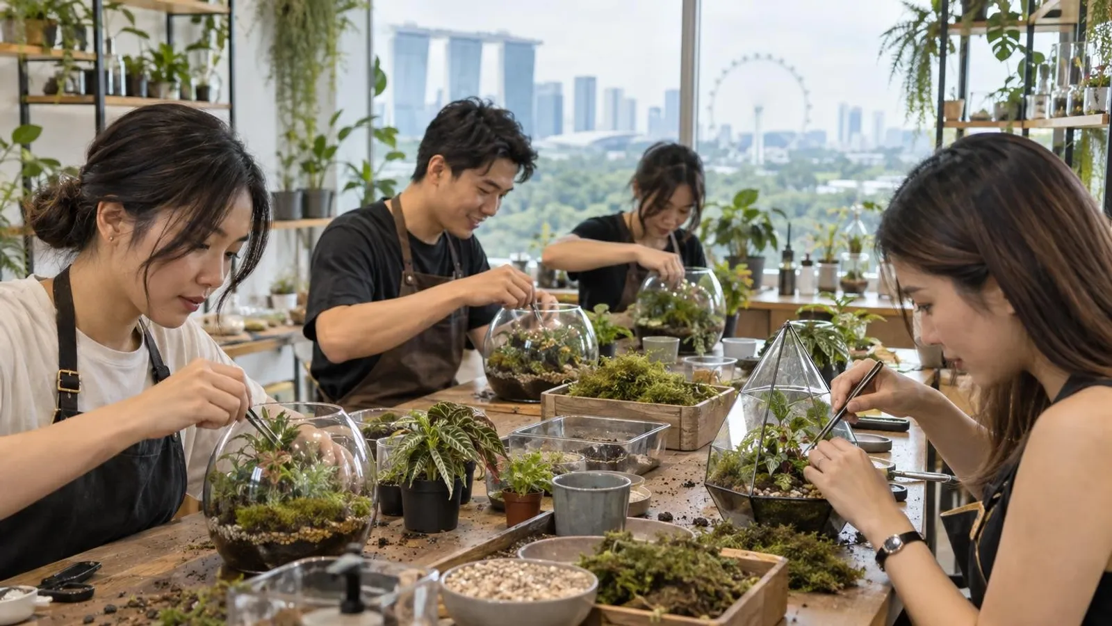 Participants building glass terrariums with plants and moss at a Singapore terrarium workshop