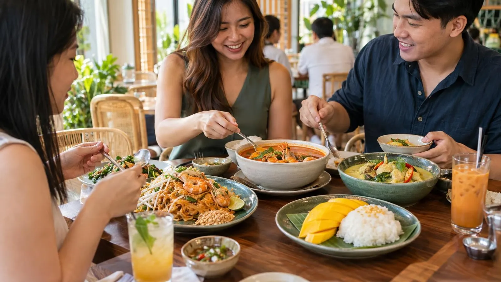 A colourful spread of Thai dishes shared at a restaurant in Singapore