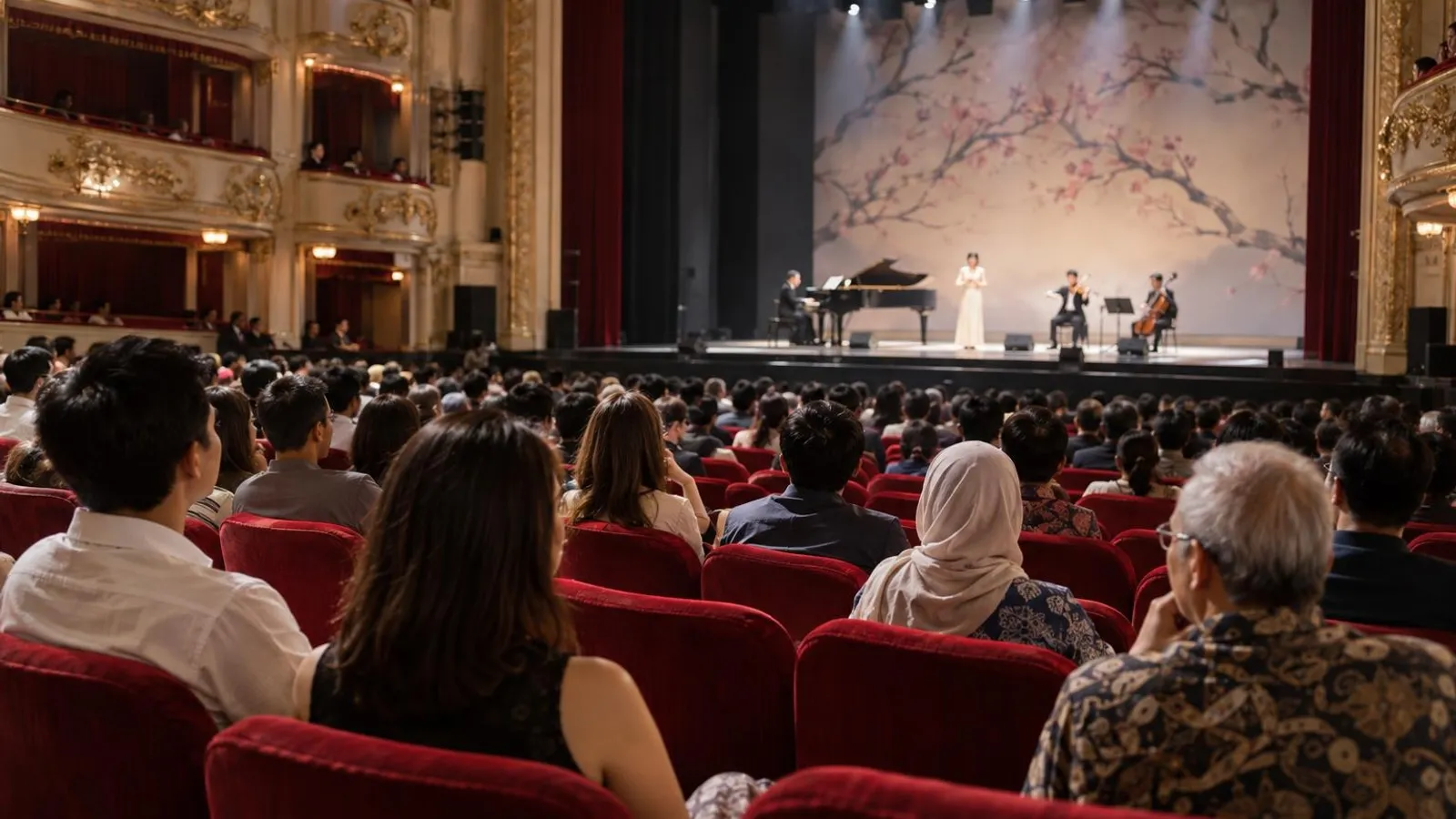 An audience in a grand theatre with red seats watching a performance on stage