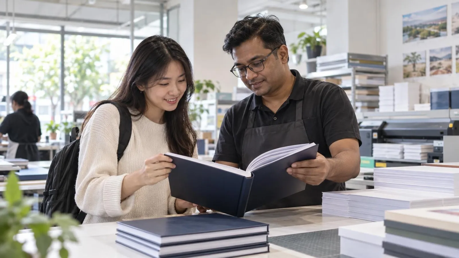 Thesis Printing and Binding Services: a customer and a provider in a bright, modern setting