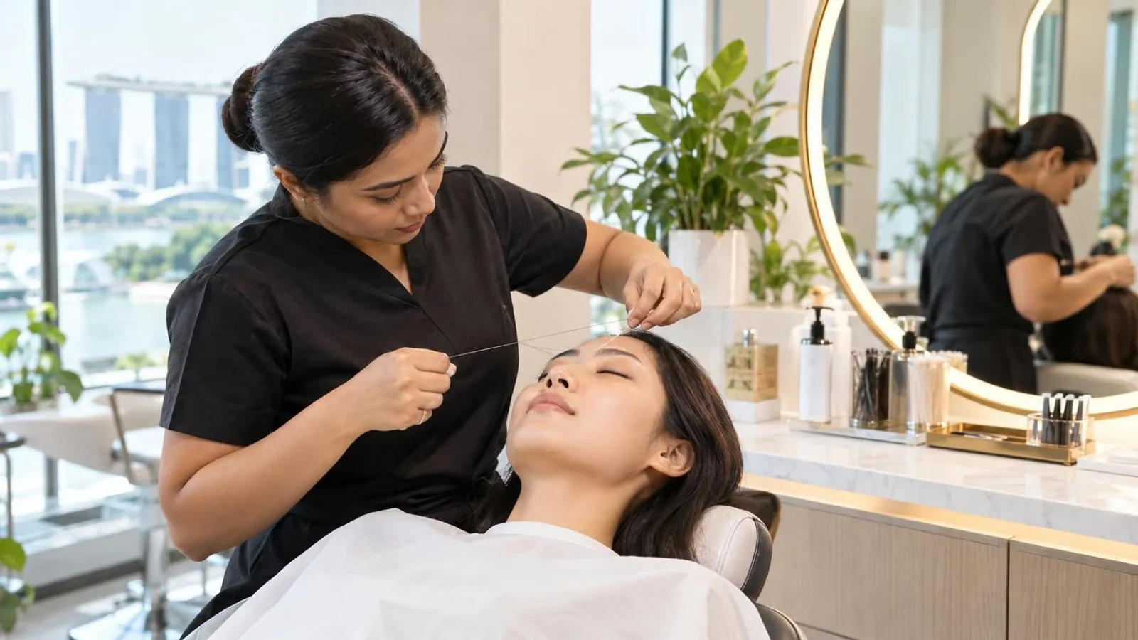 A bright tidy eyebrow threading and brow bar in Singapore with a clean treatment chair and mirror