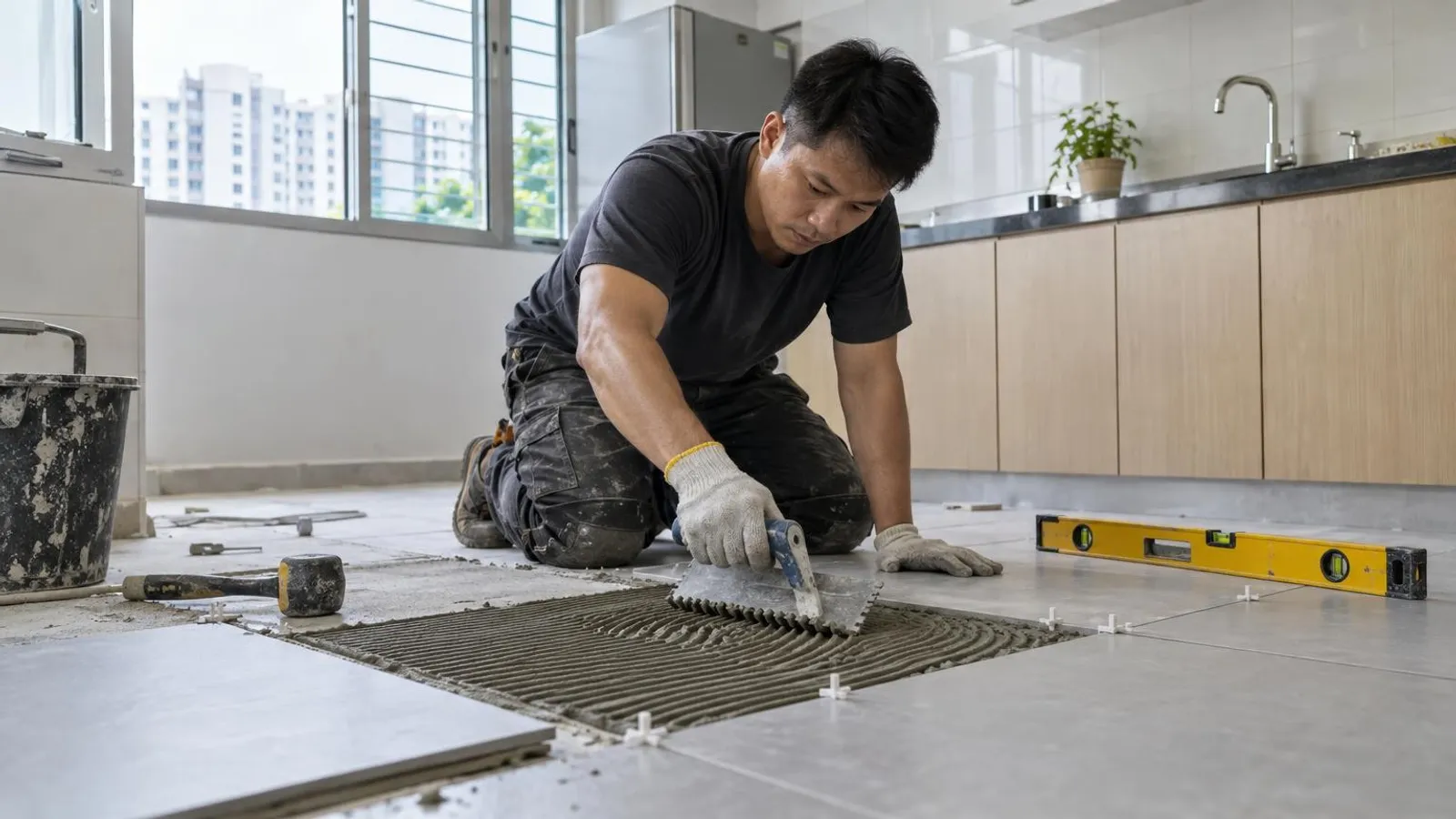A tiler spreading adhesive to lay large floor tiles in a bright HDB kitchen