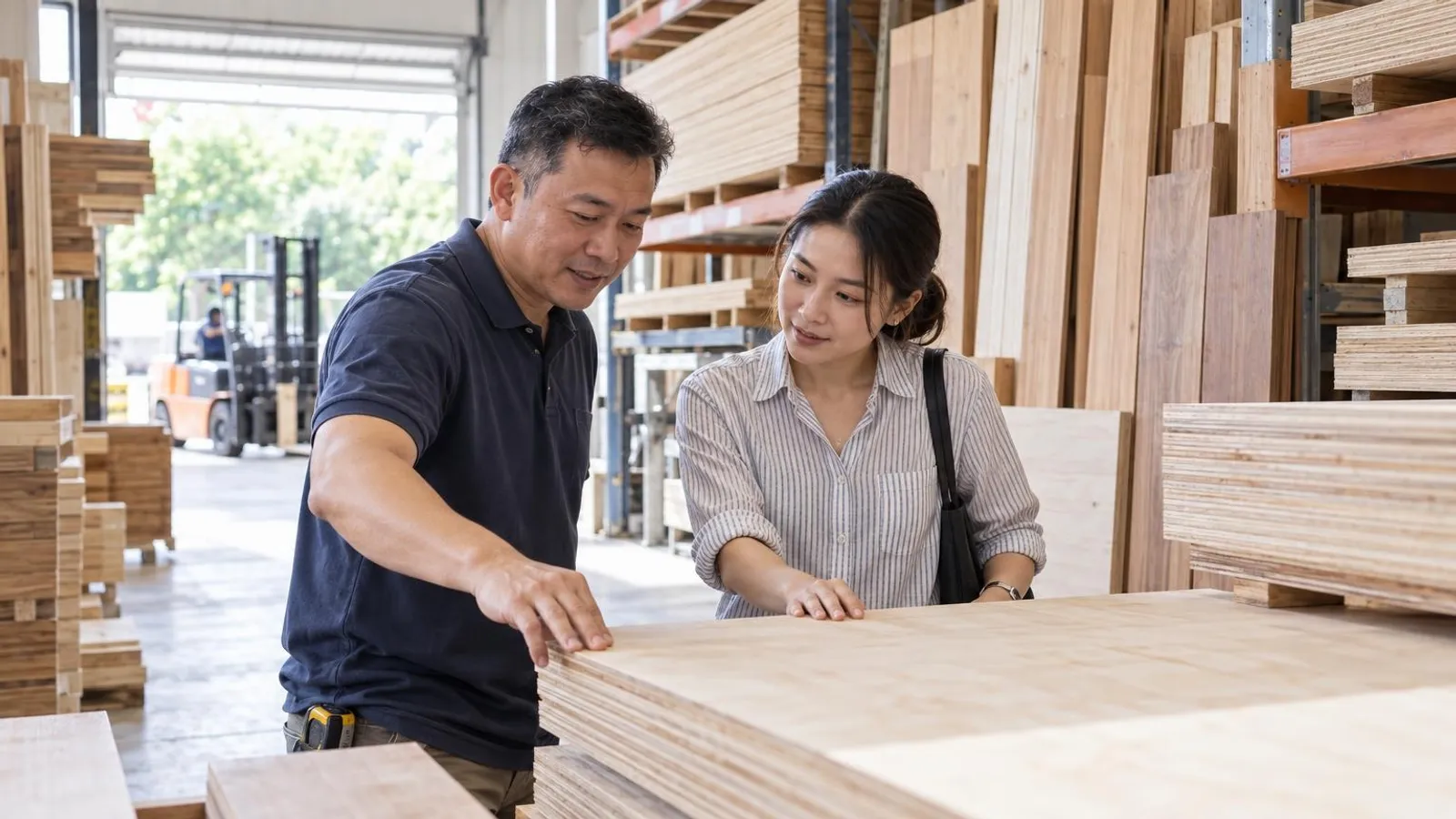 Timber and Plywood Suppliers: a customer and a provider in a bright, modern setting