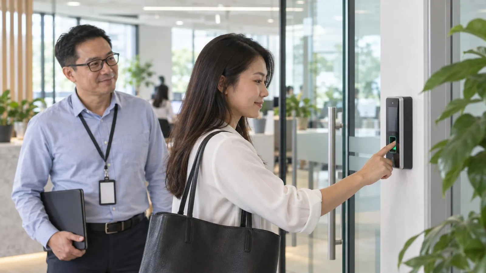 Time Attendance Systems: a customer and a provider in a bright, modern setting