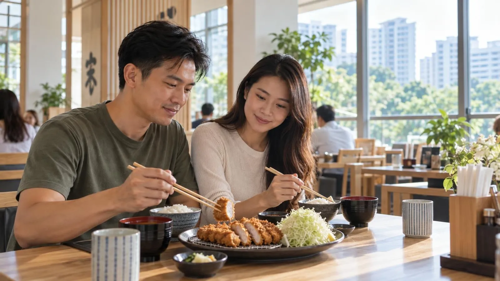 A crispy golden tonkatsu pork cutlet sliced with shredded cabbage, rice and miso soup at a Singapore Japanese restaurant
