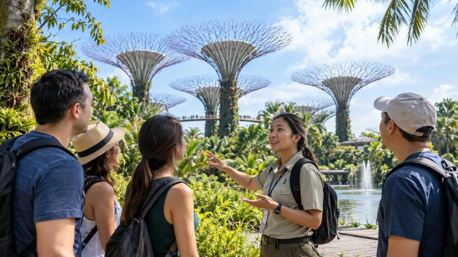A tour guide leading visitors at Gardens by the Bay in Singapore with the Supertrees behind