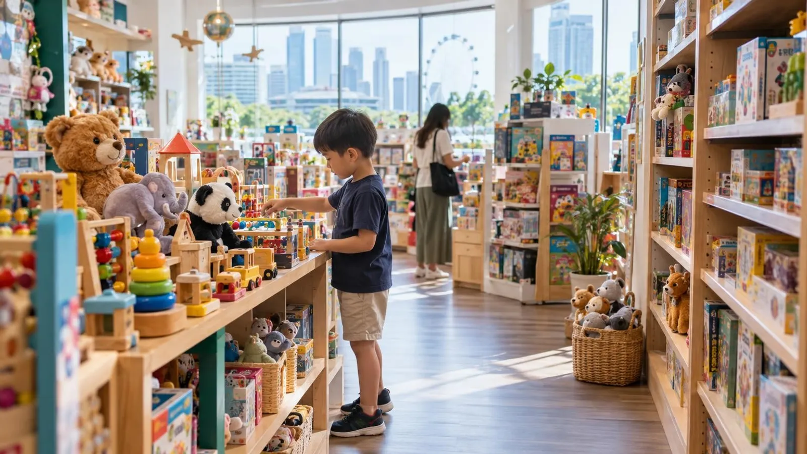 A colourful Singapore toy shop with shelves of toys, plushies and games