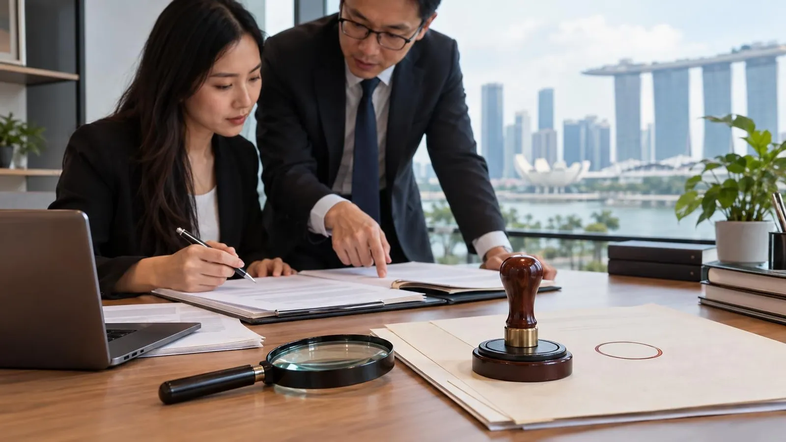 IP consultants reviewing trademark documents with a magnifying glass and stamp in a Singapore office