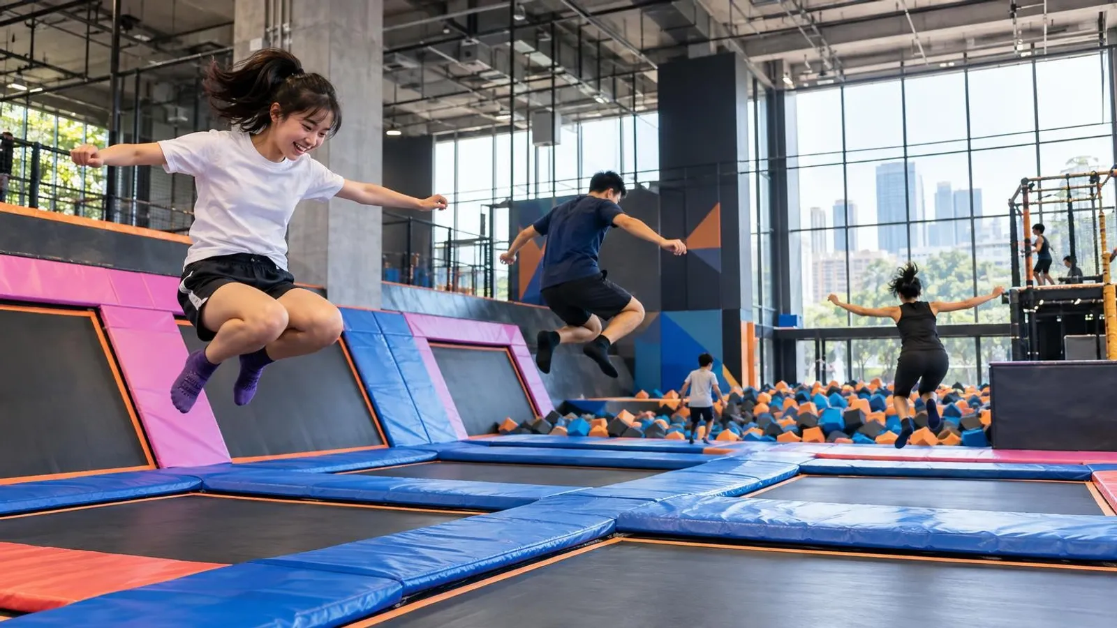 People jumping at an indoor trampoline park in Singapore