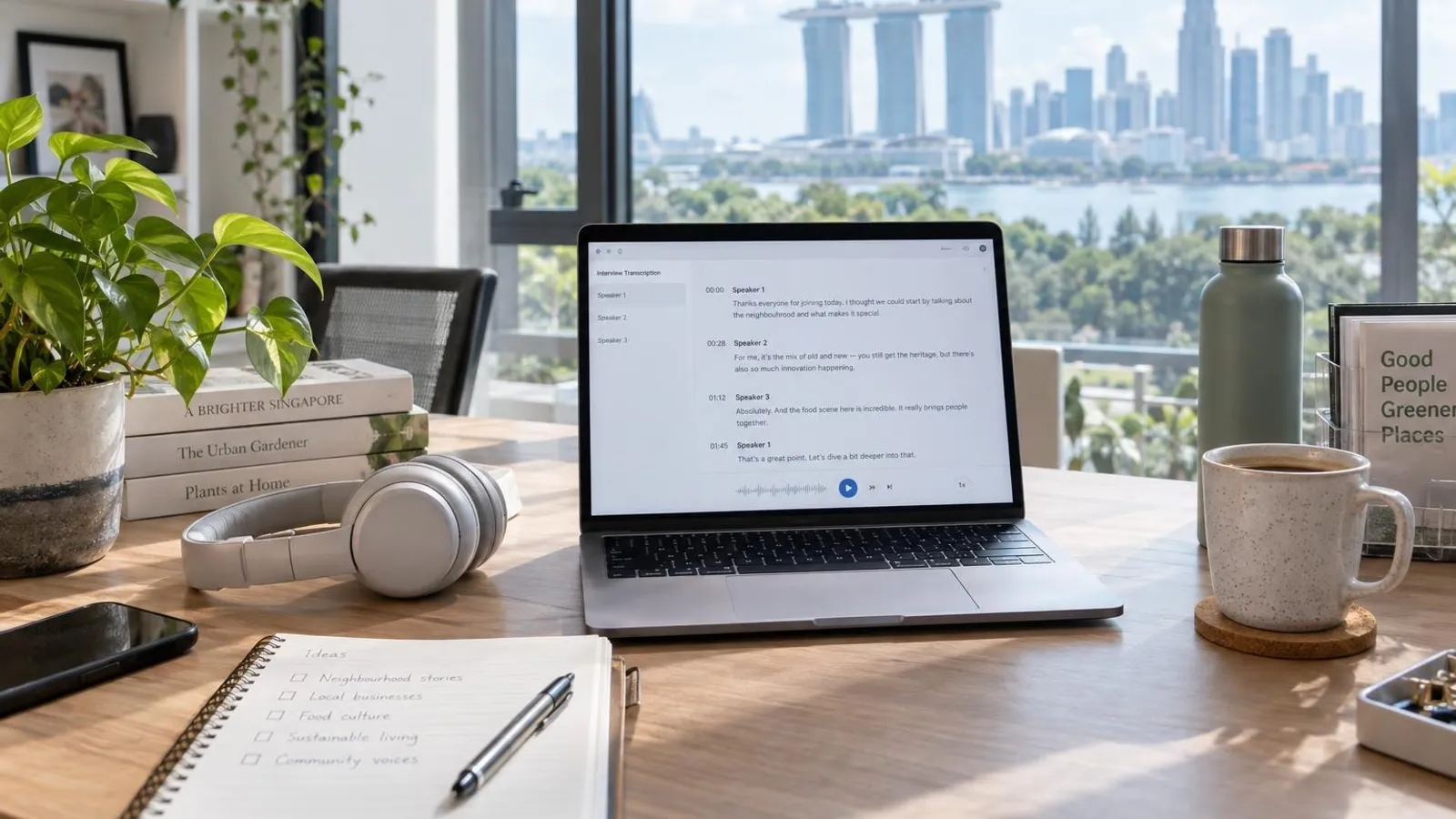 A tidy desk with headphones and a laptop showing a transcript by a bright window in a calm Singapore workspace