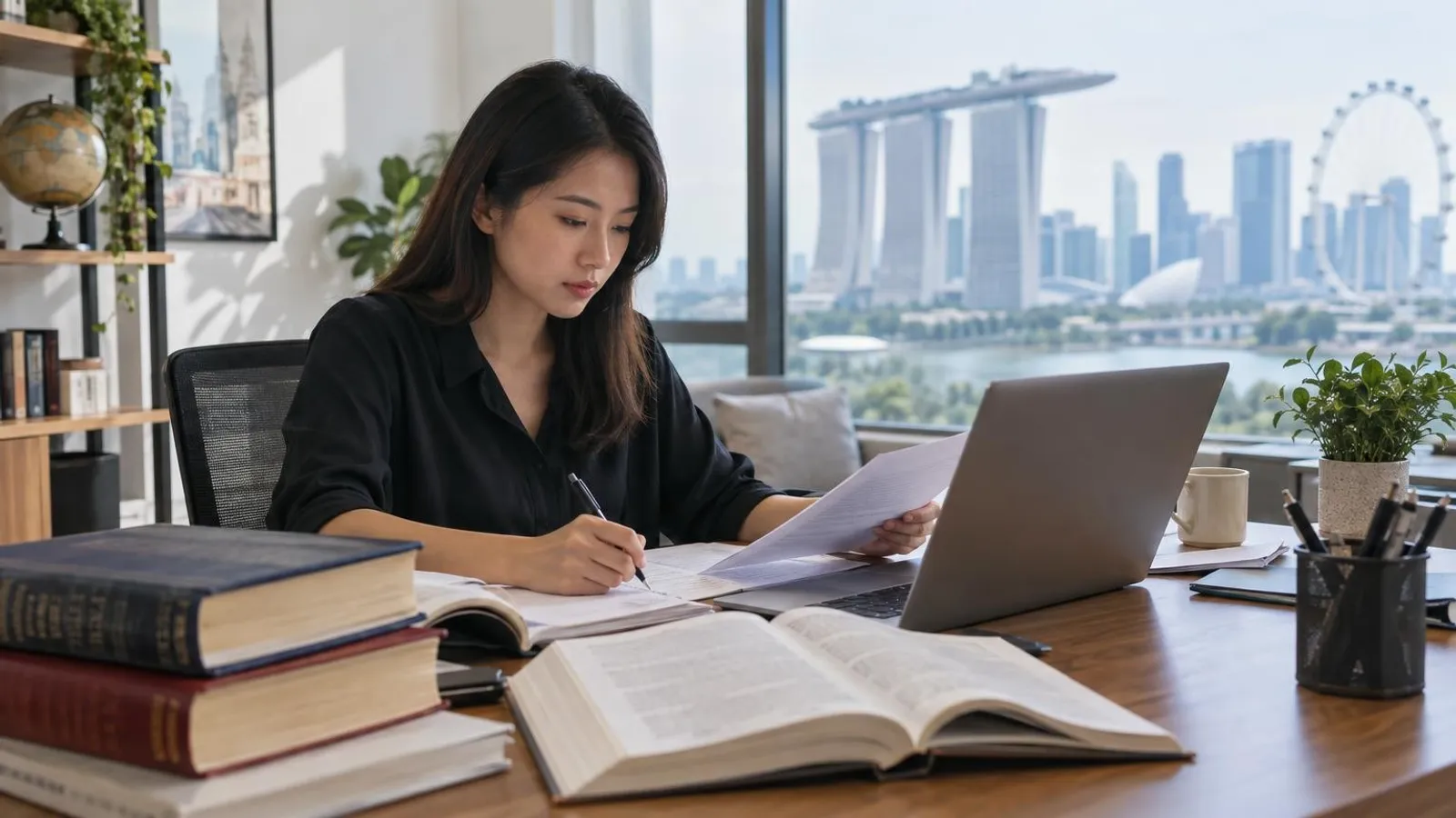 A translator working on documents with dictionaries and reference books in a Singapore office