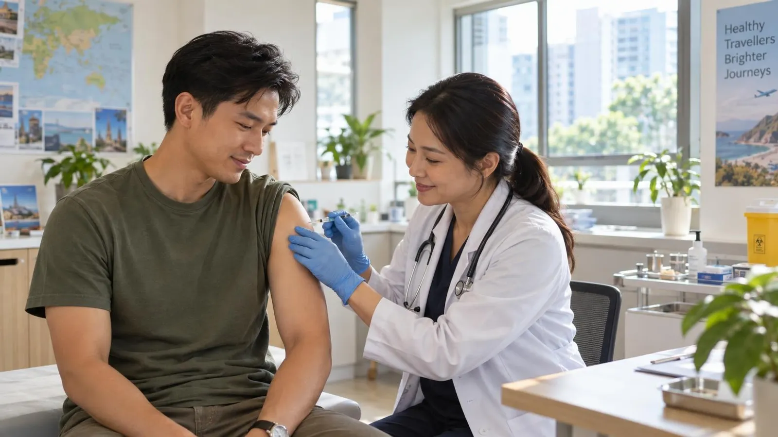 A doctor giving a vaccination in the arm of a relaxed adult patient at a bright modern Singapore travel clinic