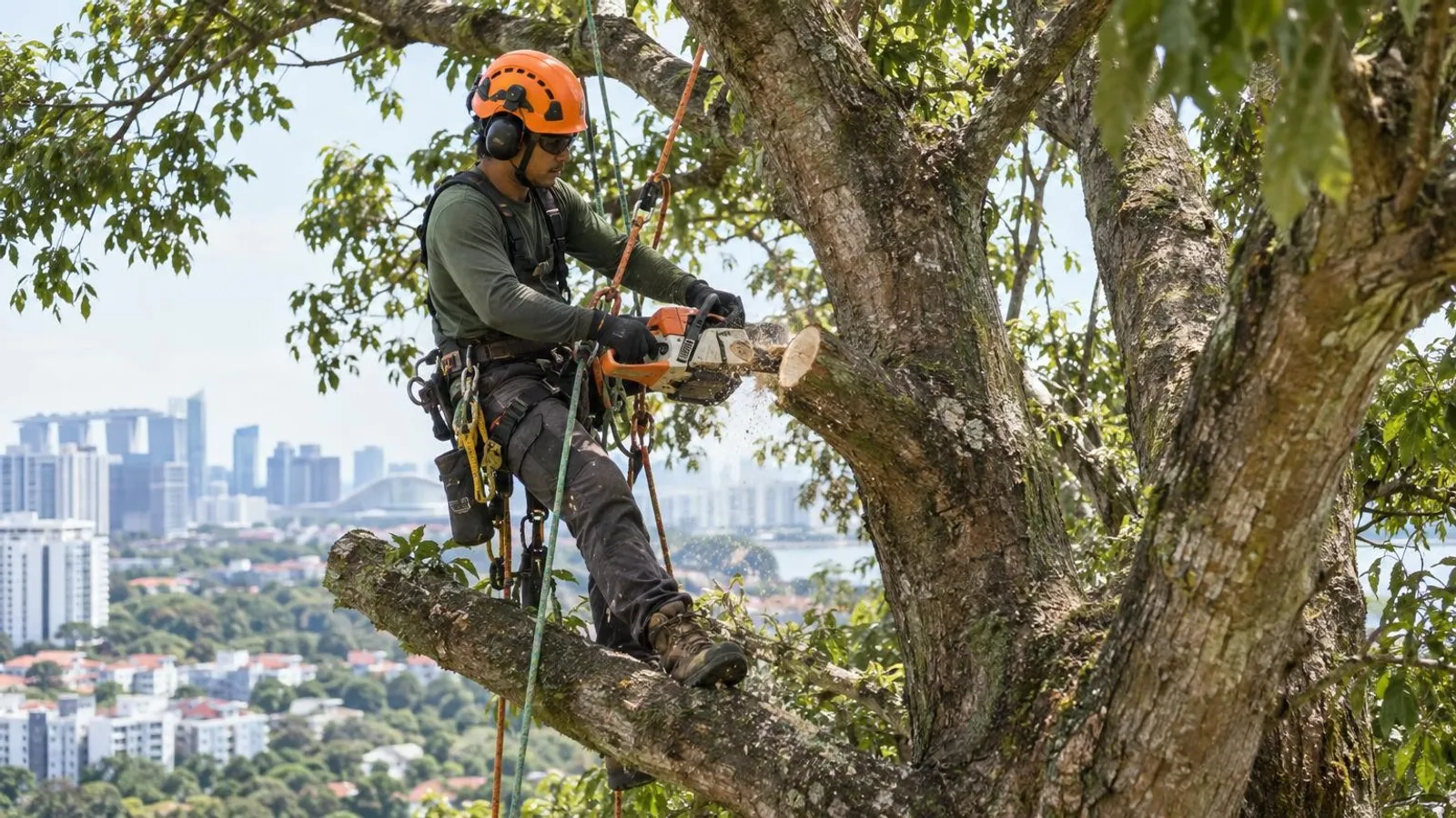 An arborist in a harness pruning a large tree with a chainsaw in Singapore
