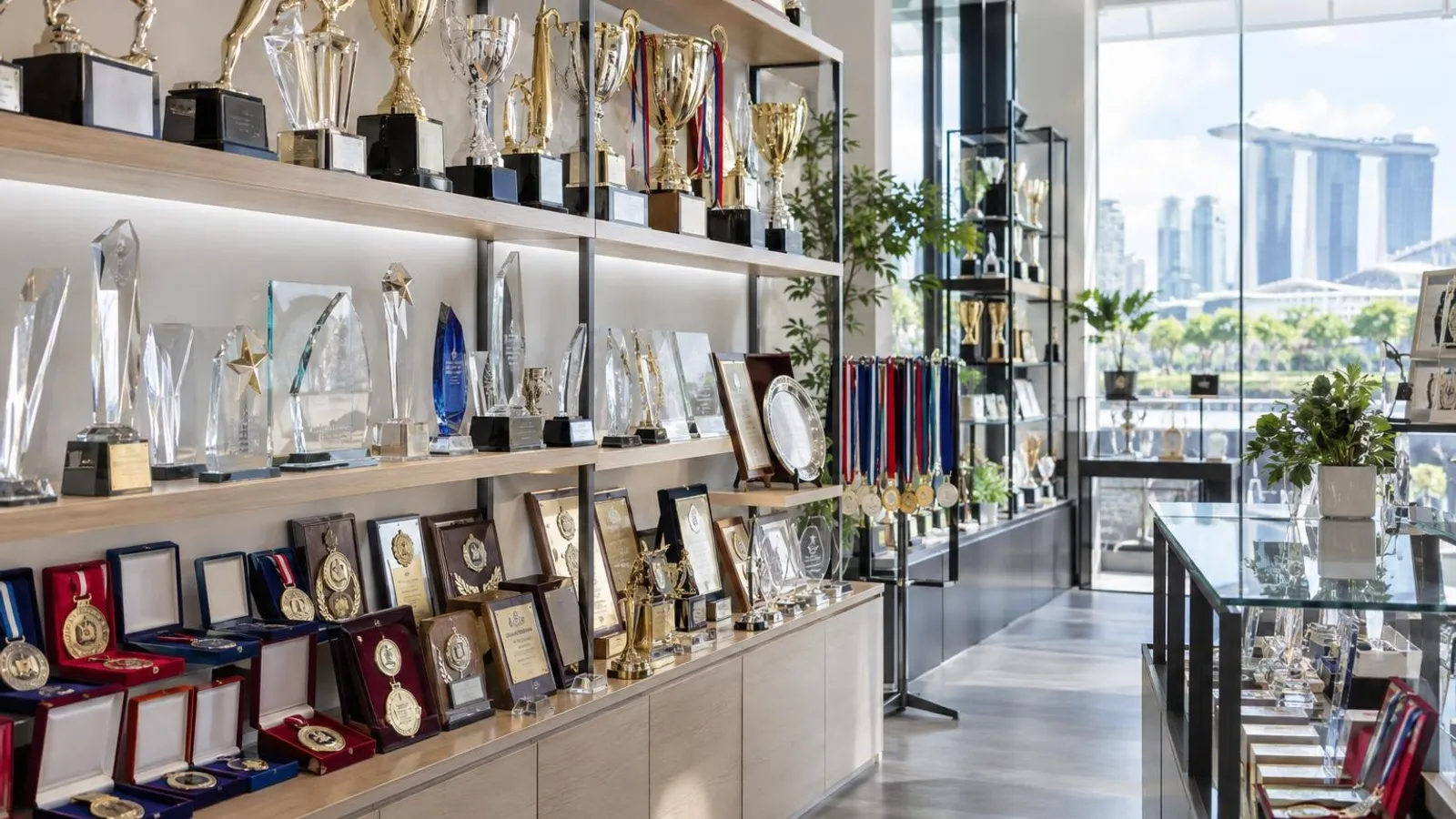 Shelves of gleaming crystal and metal trophies, medals and engraved plaques on display in a bright modern Singapore trophy and awards shop