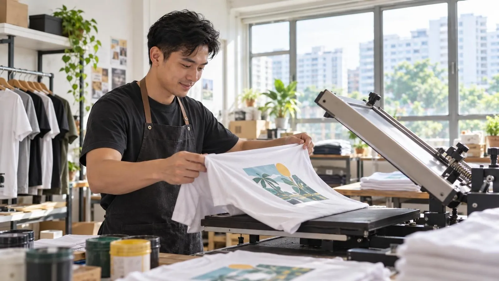 A worker lifting a freshly screen-printed custom t-shirt off a press in a bright Singapore apparel print workshop