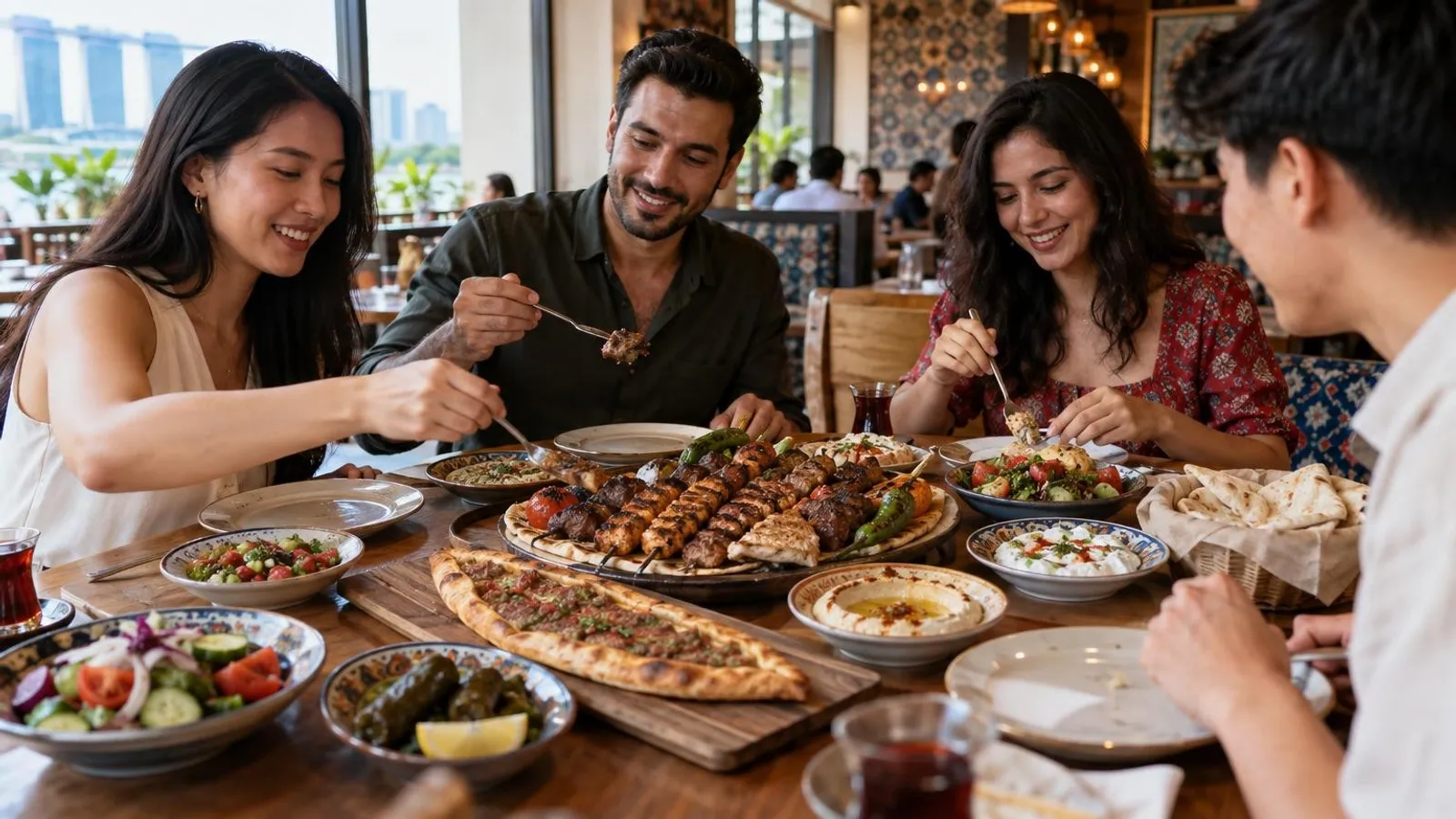 A Turkish mixed grill and mezze spread with kebabs, pide and hummus at a Singapore restaurant