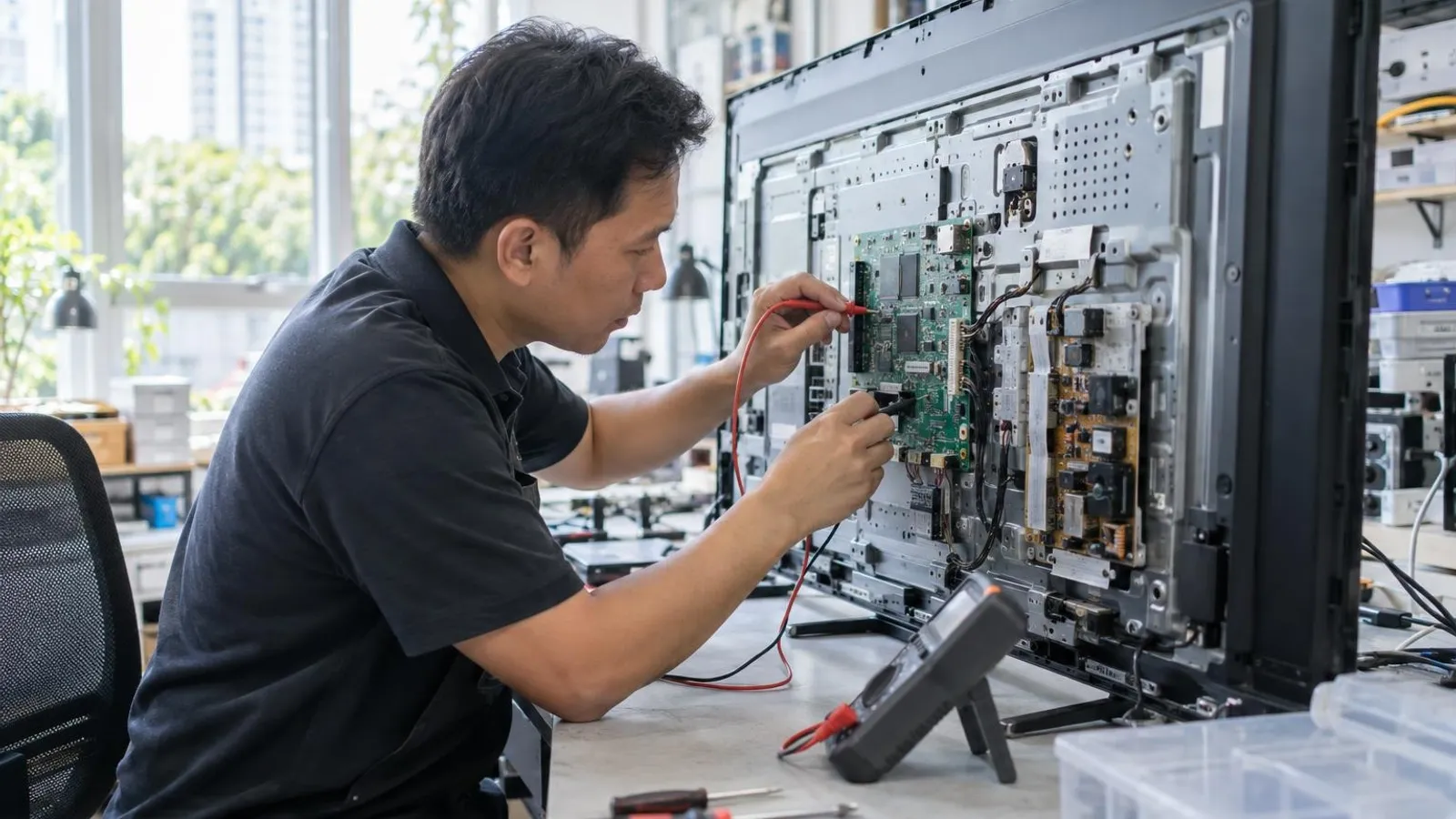 A technician with the back panel off a flat-screen television testing the circuit board at a bright workshop bench