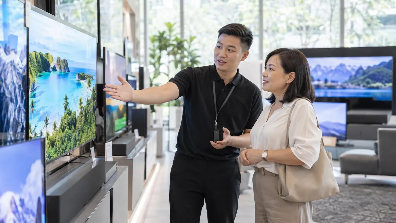 TV Shops: a customer and a provider in a bright, modern setting