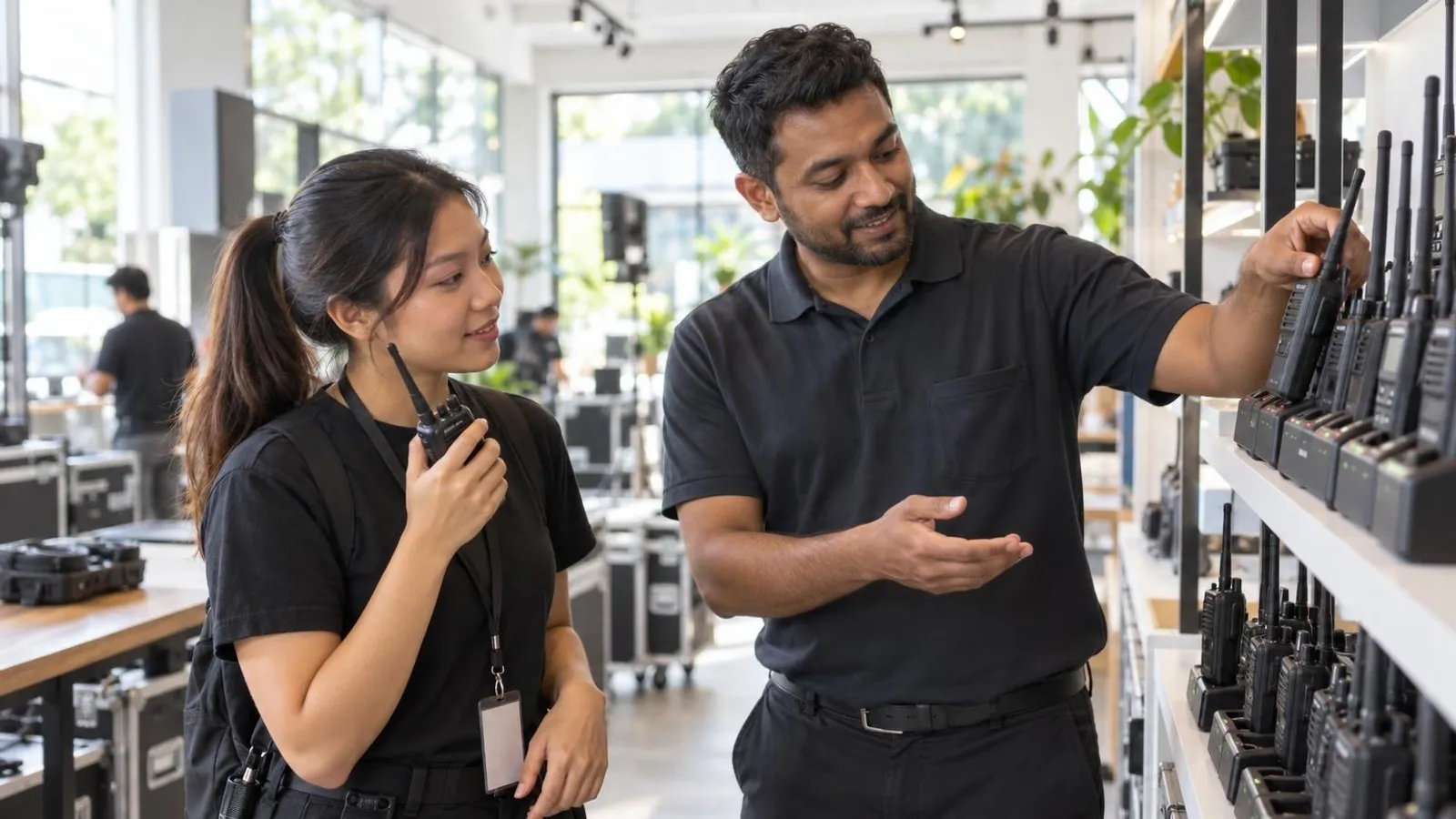 Two-Way Radio Suppliers: a customer and a provider in a bright, modern setting