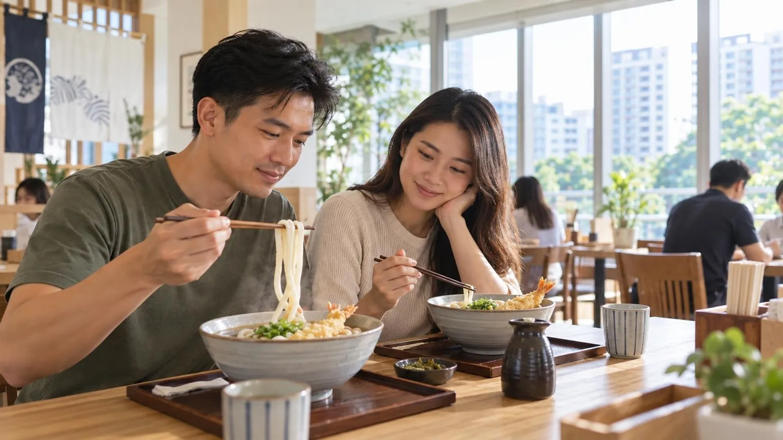 A steaming bowl of thick udon noodles in clear broth with tempura at a bright Japanese udon restaurant in Singapore