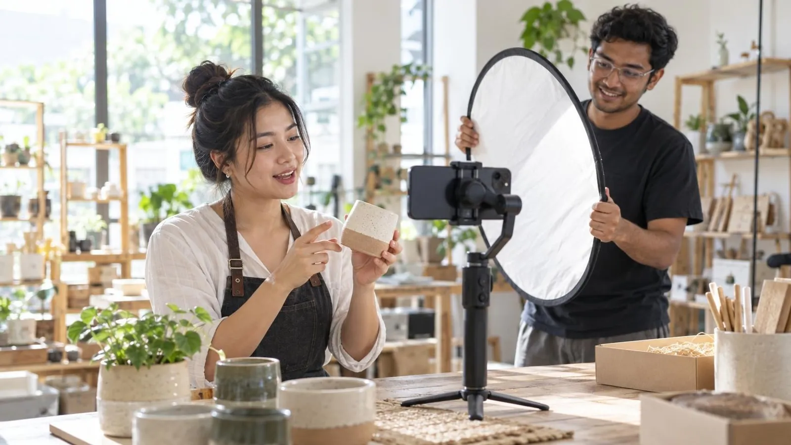 UGC and Short-Form Video Agencies: a customer and a provider in a bright, modern setting