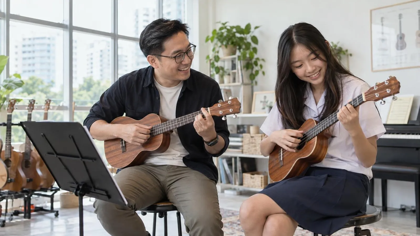 A teacher and a student playing ukuleles together in a bright music room