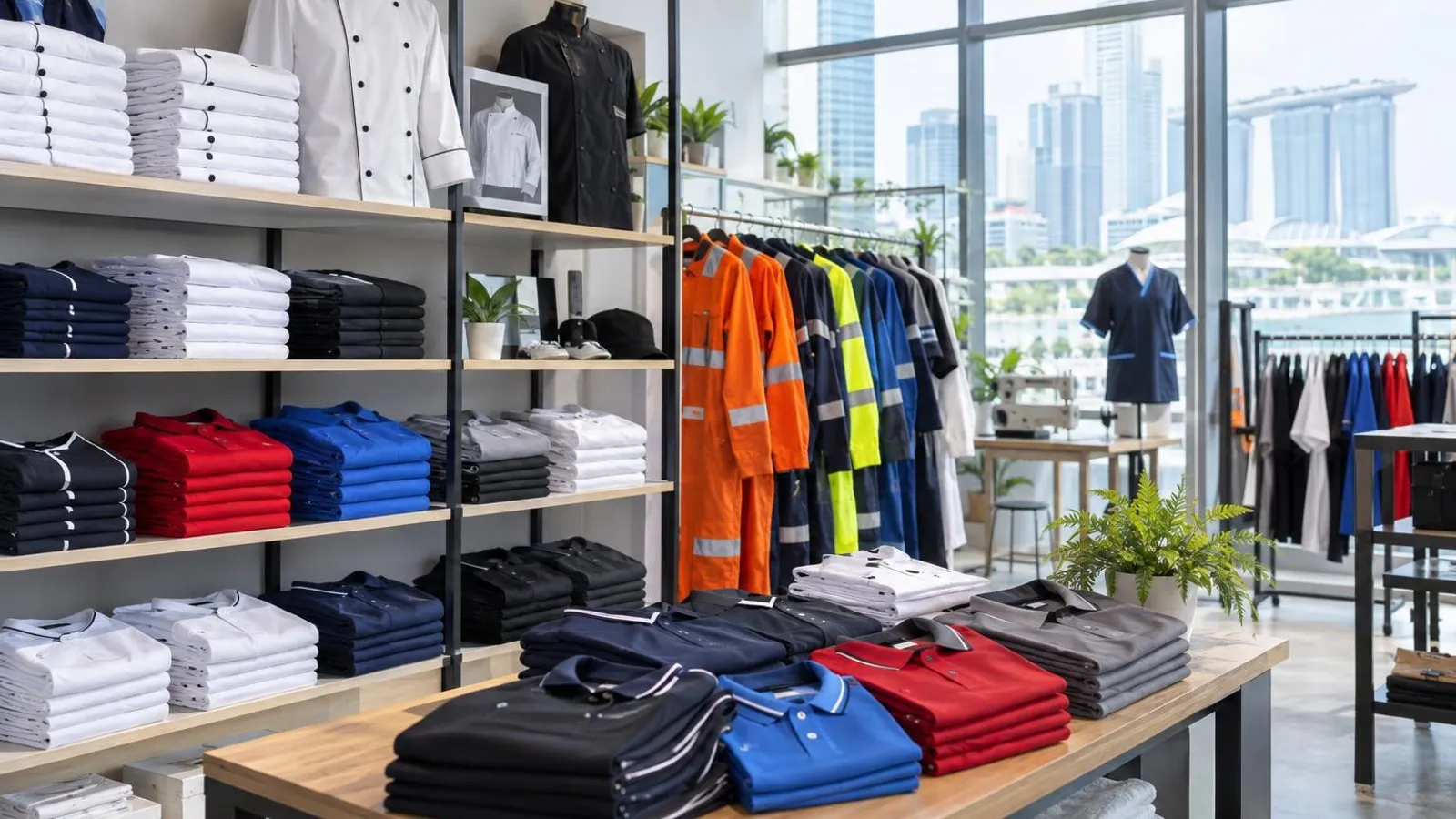 A supplier presenting racks of crisp corporate and hospitality uniforms in a bright modern Singapore showroom