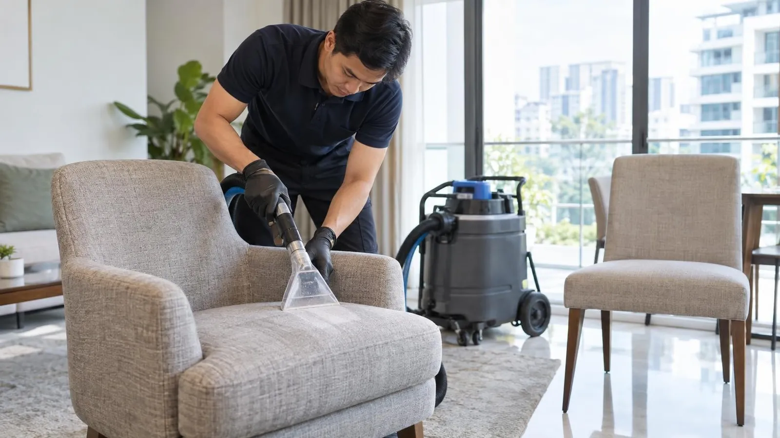 A technician shampooing a fabric armchair with an upholstery extraction tool in a bright Singapore home
