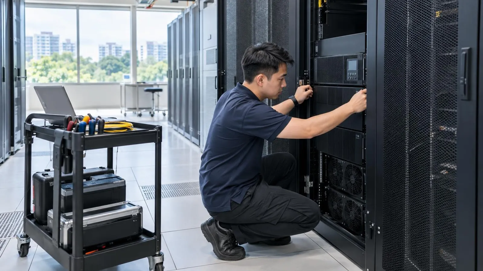 A technician servicing a rack-mounted UPS unit in a bright tidy server room