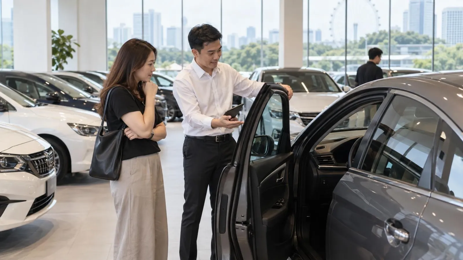 A salesperson showing a used car to a customer in a bright Singapore car showroom