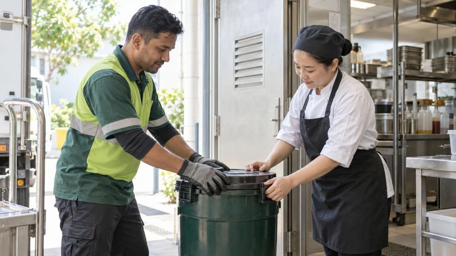 Used Cooking Oil Collection Services: a customer and a provider in a bright, modern setting