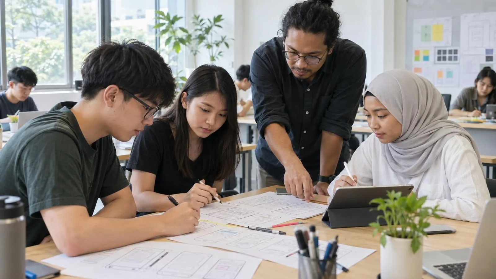 Students sketching app screens on paper and tablets around a bright studio table