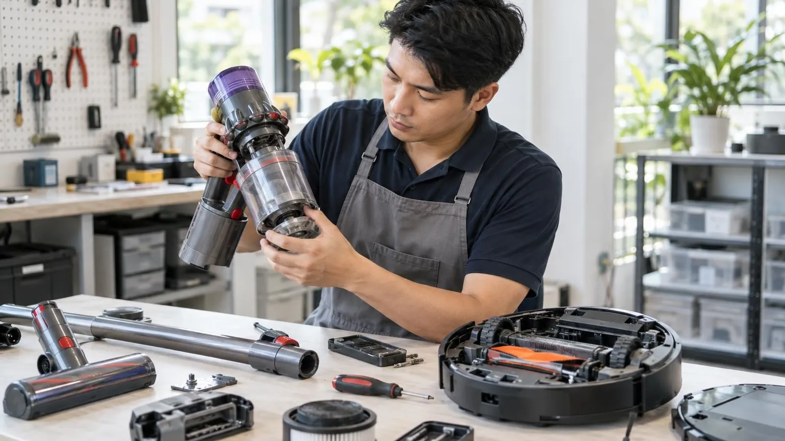 A technician opening a cordless vacuum cleaner and a robot vacuum on a bright clean repair bench with small tools