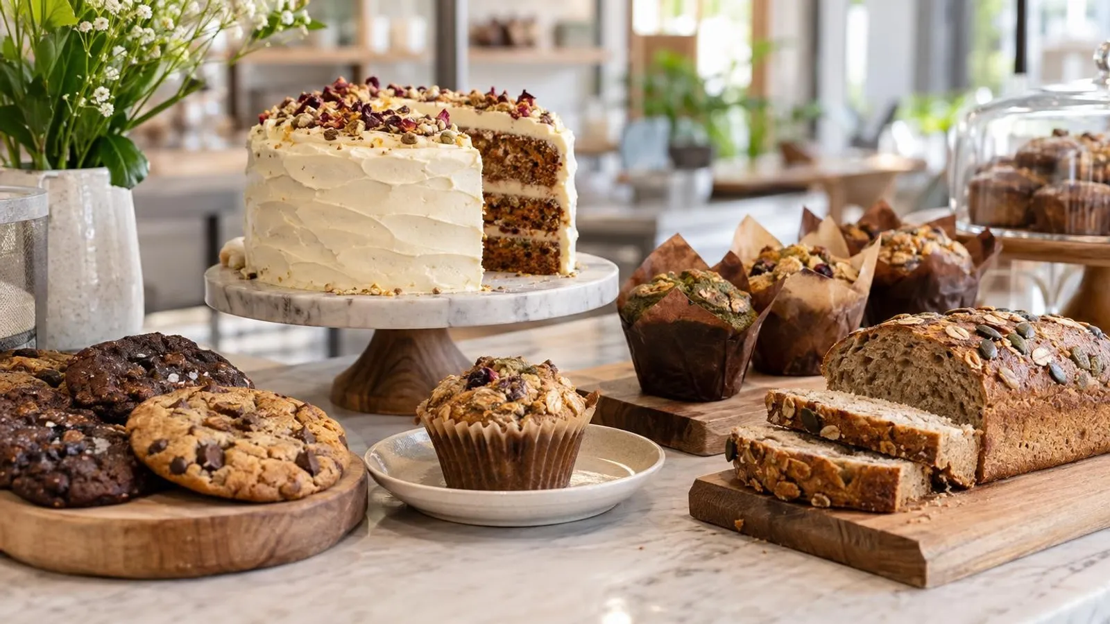 An assortment of plant-based cakes, cookies, muffins and bread on a bright artisan bakery counter