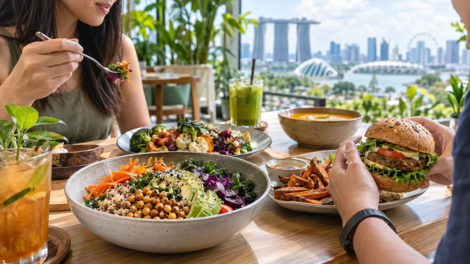 A vibrant plant-based vegan spread in Singapore with colourful vegetable dishes and a Buddha bowl