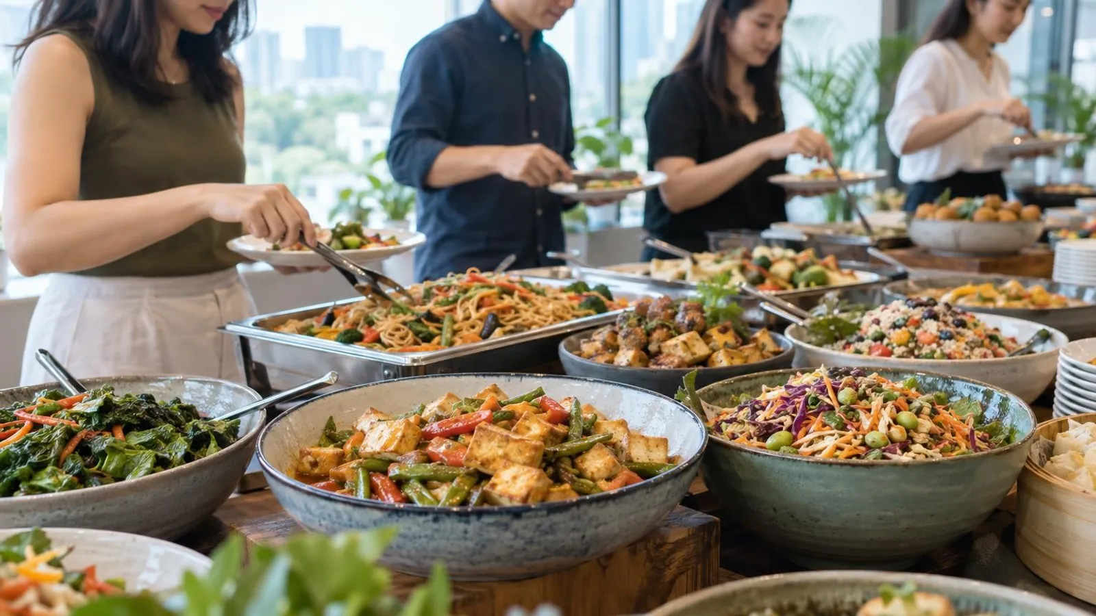A colourful vegetarian catering buffet of plant-based dishes and salads in Singapore