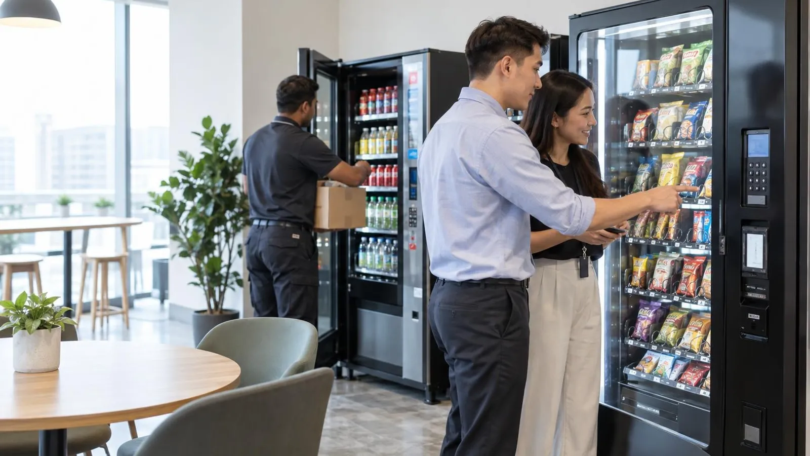 Office workers choosing a snack from a vending machine while a technician refills another machine