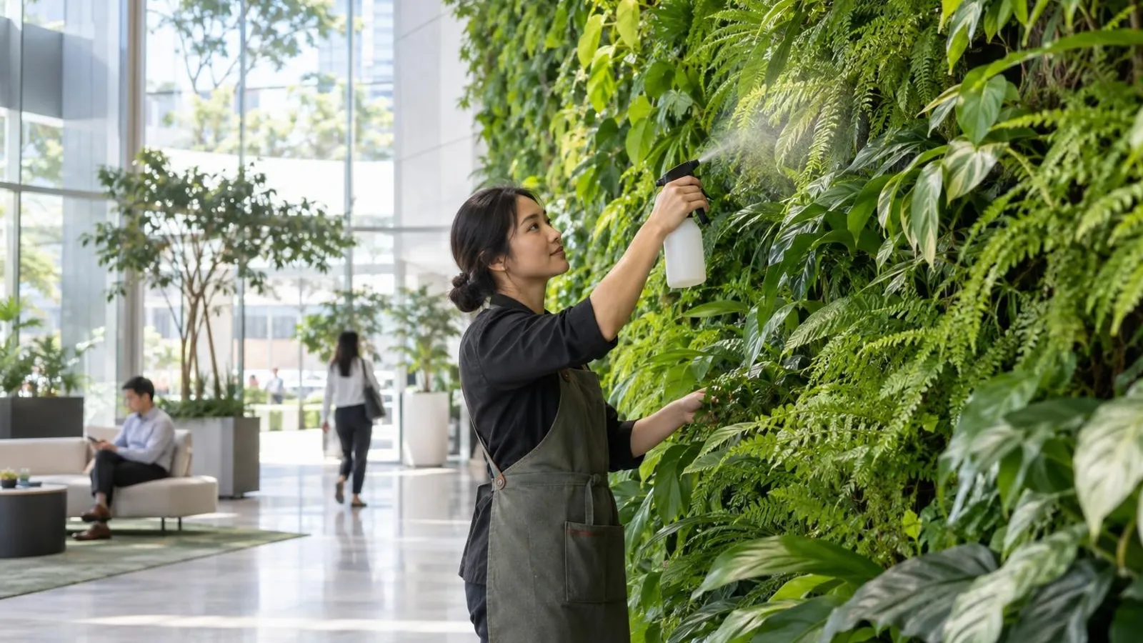A lush living green wall of ferns and tropical foliage covering the feature wall of a bright modern Singapore office lobby in natural daylight
