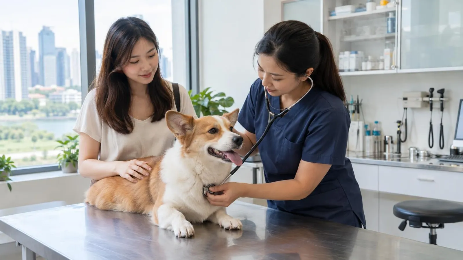 A veterinarian examining a corgi with a stethoscope as the owner watches in a bright vet clinic