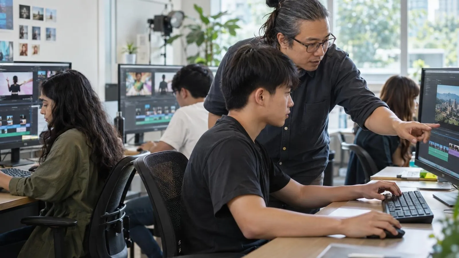 Learners editing video on monitors in a bright editing lab while an instructor guides a student