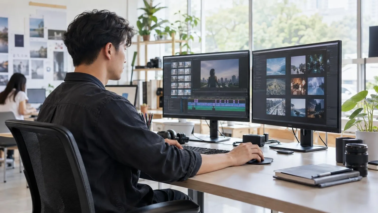 A video editor working on a timeline across two monitors at a bright creative studio desk