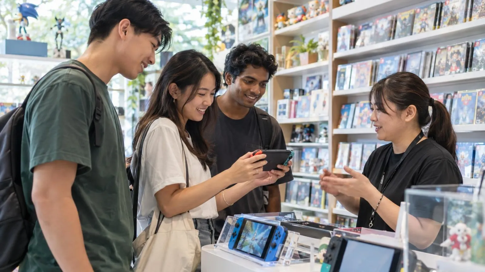 Friends browsing shelves of video games and a handheld console display with a shop assistant in a bright colourful game shop