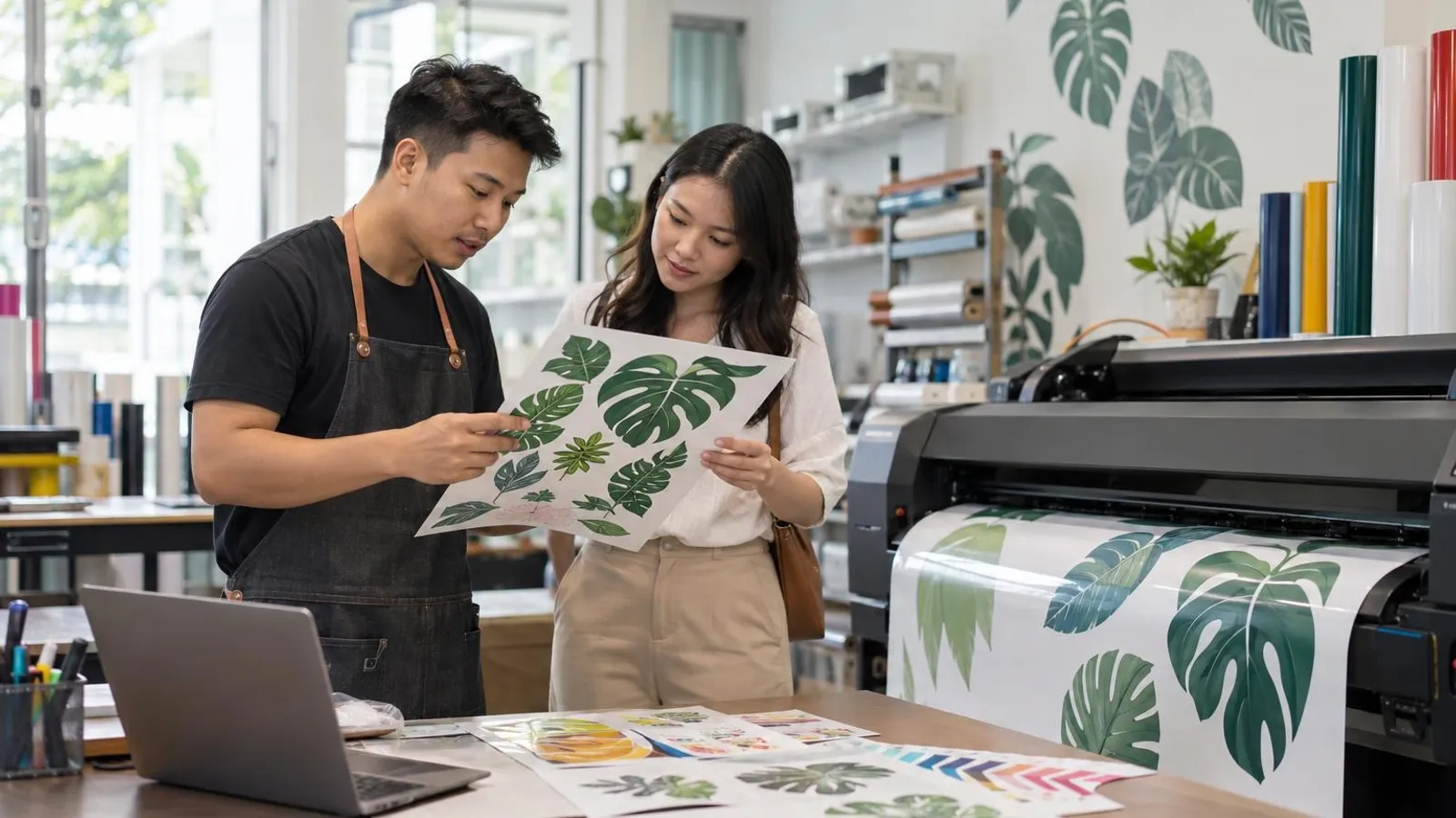 Vinyl Decal and Wall Sticker Printing Services: a customer and a provider in a bright, modern setting