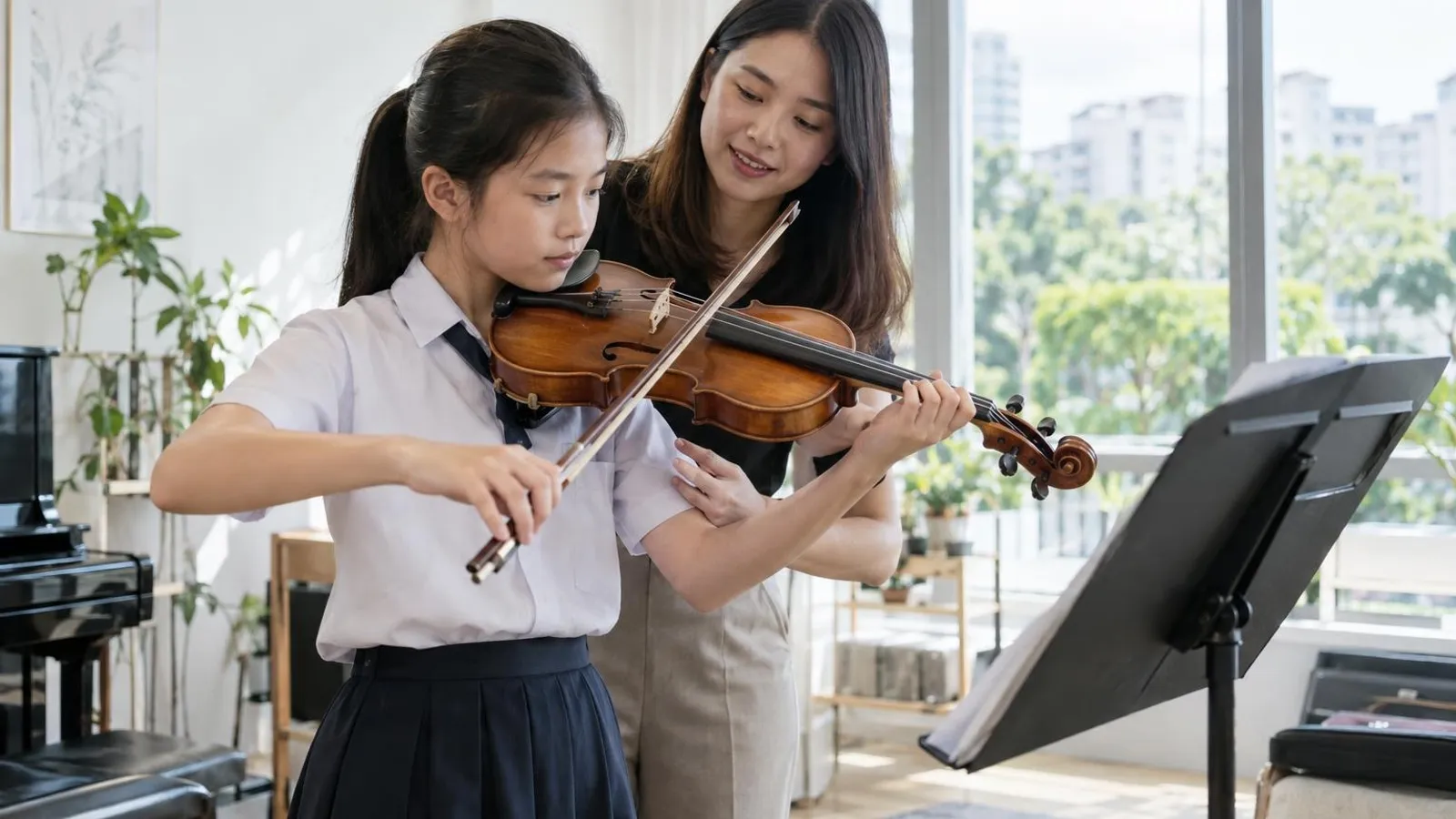 A girl in a school uniform playing the violin as her teacher guides her bow arm in a bright music studio