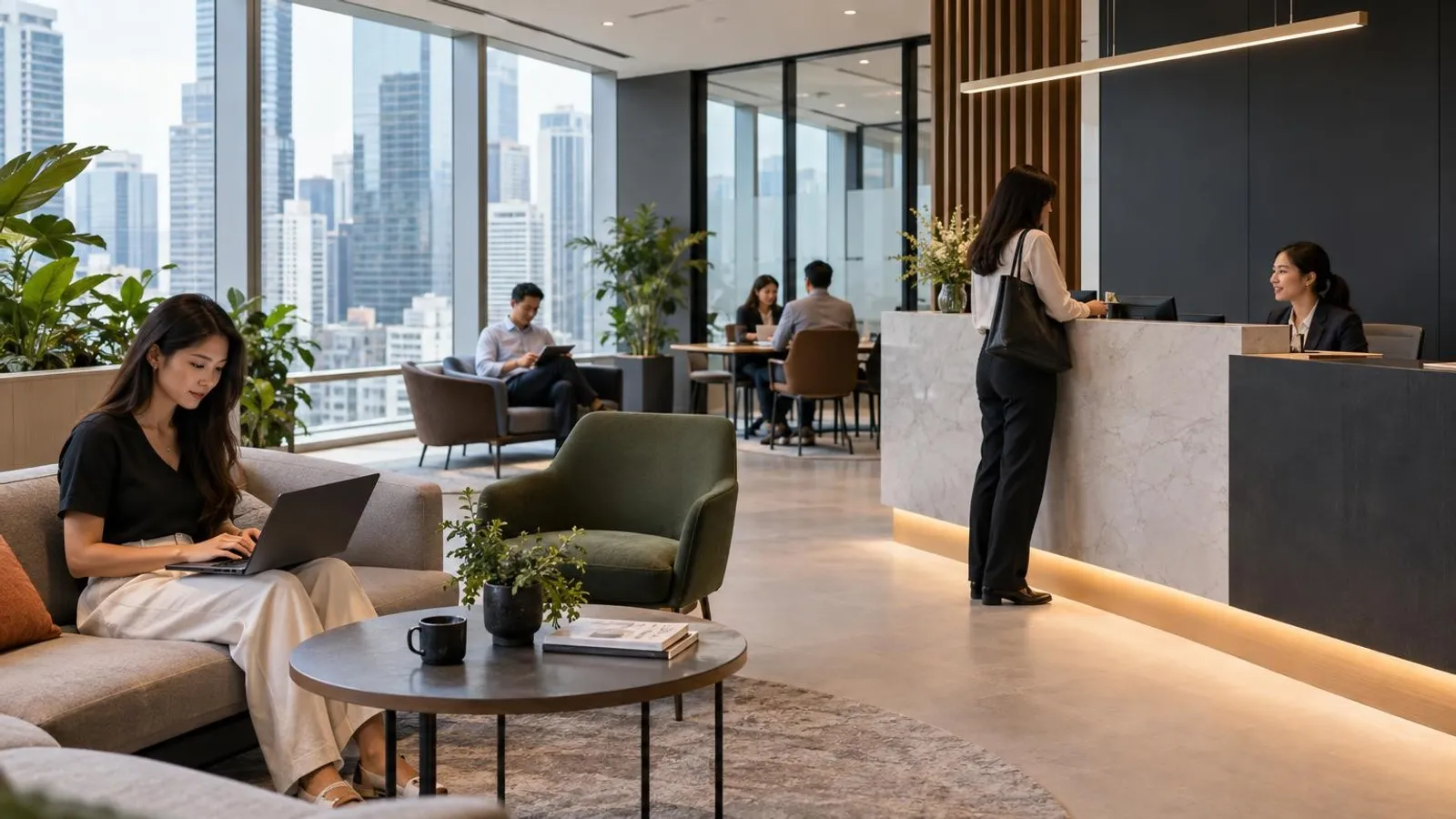 A serviced-office business lounge with reception and a Singapore CBD skyline
